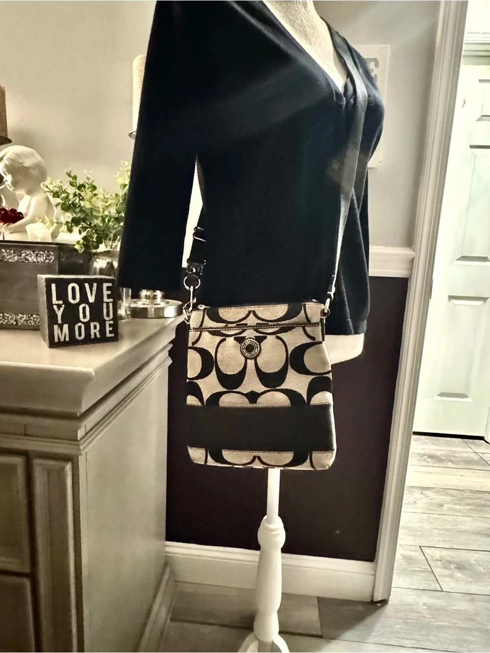 Coach Signature Black Khaki Swingpack Crossbody Bag